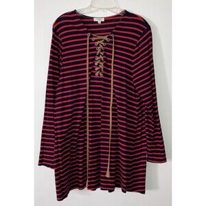 Umgee Women's L Red and navy striped lace up tie front dress with elbow patches